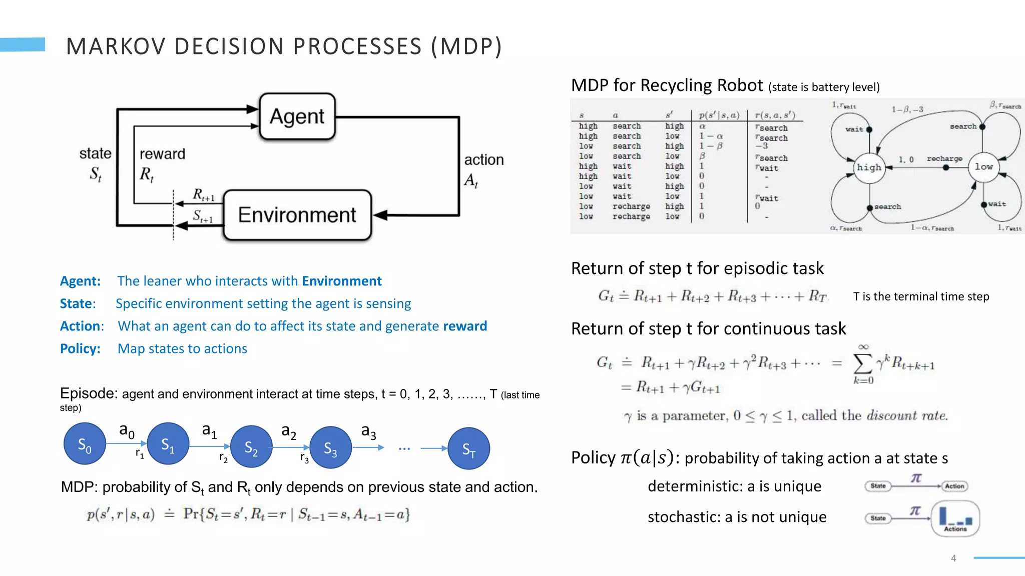 4
Agent: The leaner who interacts with Environment
State: Specific environment setting the agent is sensing
Action: What an agent can do to affect its state and generate reward
Policy: Map states to actions
Episode: agent and environment interact at time steps, t = 0, 1, 2, 3, ……, T (last time
step)
S0 S1
a0
S2
a1
S3
a2 a3
MDP: probability of St and Rt only depends on previous state and action.
MDP for Recycling Robot (state is battery level)
Return of step t for episodic task
Return of step t for continuous task
T is the terminal time step
r1 r2 r3 Policy 𝜋 𝑎|𝑠 : probability of taking action a at state s
deterministic: a is unique
stochastic: a is not unique
ST
…
 