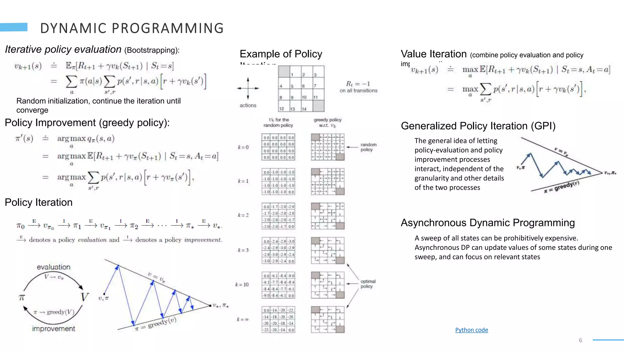 6
Iterative policy evaluation (Bootstrapping):
Random initialization, continue the iteration until
converge
Policy Improvement (greedy policy):
Policy Iteration
Value Iteration (combine policy evaluation and policy
improvement)
Generalized Policy Iteration (GPI)
The general idea of letting
policy-evaluation and policy
improvement processes
interact, independent of the
granularity and other details
of the two processes
Asynchronous Dynamic Programming
A sweep of all states can be prohibitively expensive.
Asynchronous DP can update values of some states during one
sweep, and can focus on relevant states
Example of Policy
Iteration
Python code
 