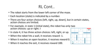 RL Cont..
• The robot starts from the lower left corner of the maze.
• Each location (state) is indicated by a number.
• There are four action choices (left, right, up, down), but in certain states,
action choices are limited.
• For example, in state 1 (initial state), the robot has only two
action choices: up or right. I
• In state 4, it has three action choices: left, right, or up.
• When the robot hits a wall, it receives reward -1.
• When it reaches an open location, it receives reward 0.
• When it reaches the exit, it receives reward 100.
 