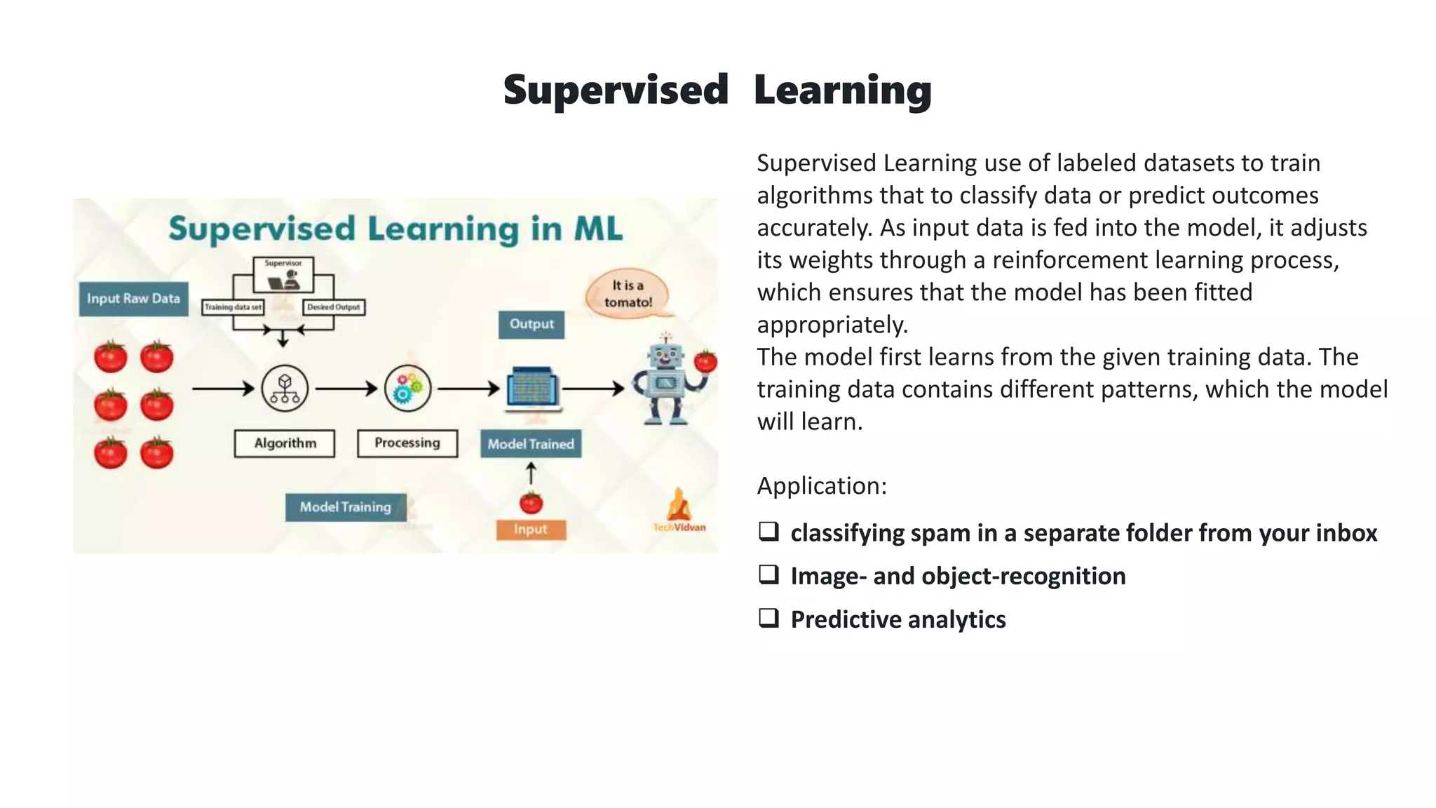 Supervised Learning
Supervised Learning use of labeled datasets to train
algorithms that to classify data or predict outcomes
accurately. As input data is fed into the model, it adjusts
its weights through a reinforcement learning process,
which ensures that the model has been fitted
appropriately.
The model first learns from the given training data. The
training data contains different patterns, which the model
will learn.
Application:
 classifying spam in a separate folder from your inbox
 Image- and object-recognition
 Predictive analytics
 