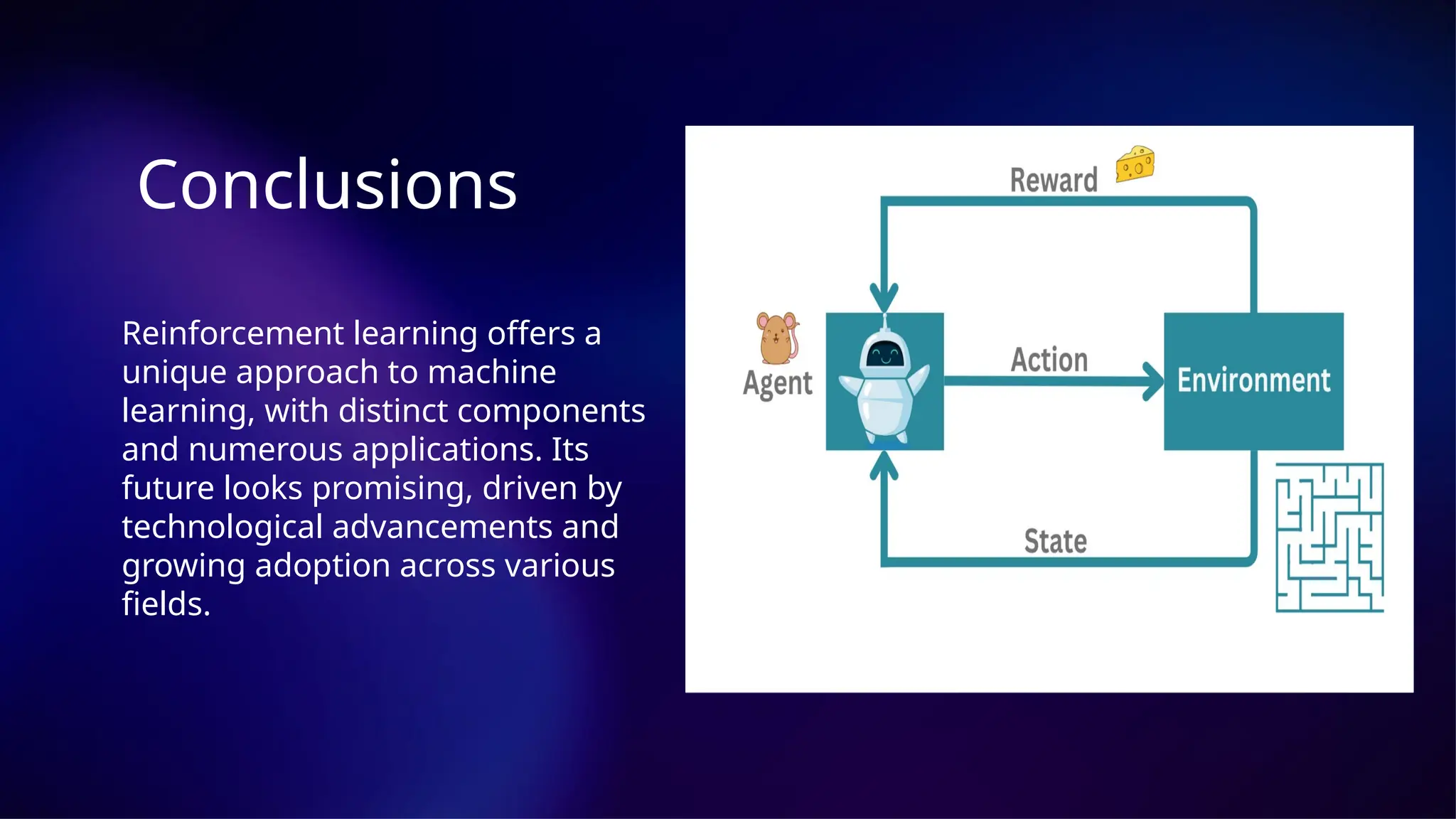 Conclusions
Reinforcement learning offers a
unique approach to machine
learning, with distinct components
and numerous applications. Its
future looks promising, driven by
technological advancements and
growing adoption across various
fields.
 