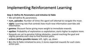 Implementing Reinforcement Learning
Step 2: Define RL Parameters and Initialize Q-Table
• We will define RL parameters;
• num_episodes: Number of times the agent will attempt to navigate the maze.
• alpha: Learning rate that controls how much new information overrides old
information.
• gamma: Discount factor giving more weight to immediate rewards.
• epsilon: Probability of exploration vs exploitation; starts higher to explore more.
• Rewards are set to penalize hitting obstacles, reward reaching the goal and
slightly penalize each step to find shortest paths.
• actions define possible moves: left, right, up, down.
• Q is the Q-Table initialized to zero; it stores expected rewards for each state-
action pair.
 