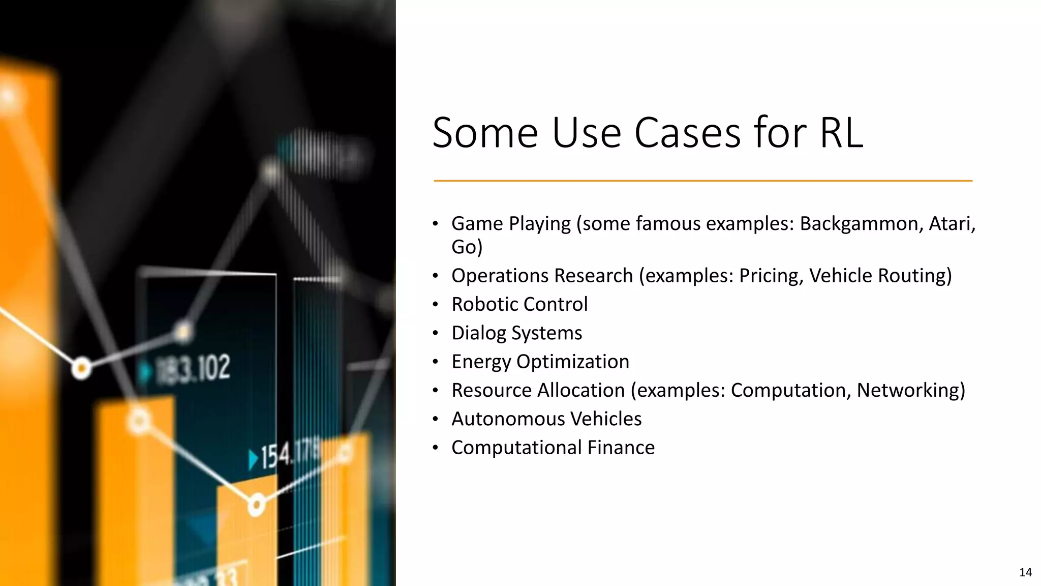14
Some Use Cases for RL
• Game Playing (some famous examples: Backgammon, Atari,
Go)
• Operations Research (examples: Pricing, Vehicle Routing)
• Robotic Control
• Dialog Systems
• Energy Optimization
• Resource Allocation (examples: Computation, Networking)
• Autonomous Vehicles
• Computational Finance
 