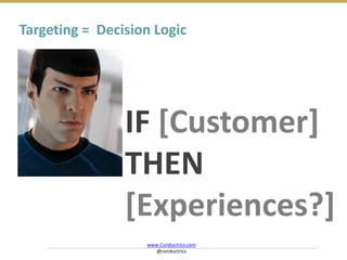 Targeting = Decision Logic
IF [Customer]
THEN
[Experiences?]
www.Conductrics.com
@conductrics
 