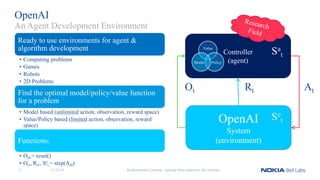 OpenAI
Ready to use environments for agent &
algorithm development
• Computing problems
• Games
• Robots
• 2D Problems
Find the optimal model/policy/value function
for a problem
• Model based (unlimited action, observation, reward space)
• Value/Policy based (limited action, observation, reward
space)
Functions:
• Ot0 = reset()
• Ot1, Rt1, Se
t = step(At0)
Reinforcement Learning - learning from experience like a human
An Agent Development Environment
Controller
(agent)
OpenAI
System
(environment)
Ot Rt At
Sa
t
Se
t
Value
PolicyModel
11/12/1831
 