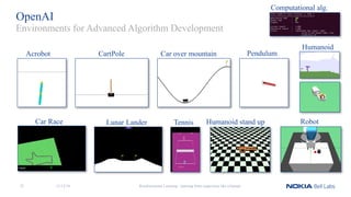 OpenAI
Reinforcement Learning - learning from experience like a human
Environments for Advanced Algorithm Development
Acrobot CartPole Car over mountain Pendulum
Humanoid stand upTennisCar Race Lunar Lander
Humanoid
Robot
11/12/1832
Computational alg.
 