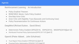 Agenda
Reinforcement Learning：An Introduction
● Policy Gradinet Theorem
● REINFORCE: Monte -Carlo Policy Gradient
● One-Step Actor Critic
● Actor Critic with Eligibility Trace (Eposodic and Continuing Case)
● Policy Parameterization for Continuous Actions
DeepMind (Richard Sutton、David Silver)
● Determinstic Policy Gradient (DPG(2014)、DDPG(2016)、MADDPG(2018)[part 2])
● Distributed Proximal Policy Optimization(DPPO 2017.07) [part 2]
OpenAI (Pieter Abbeel、John Schulman)
● Trust Region Policy Gradient (TRPO(2016)) [part 2]
● Proximal Policy Optimization (PPO(2017.07)) [part 2]
2
 