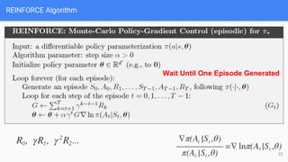 REINFORCE Algorithm
Wait Until One Episode Generated
22
 