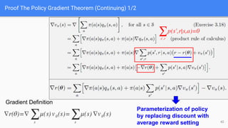 Proof The Policy Gradient Theorem (Continuing) 1/2
Gradient Definition
Parameterization of policy
by replacing discount with
average reward setting 42
 