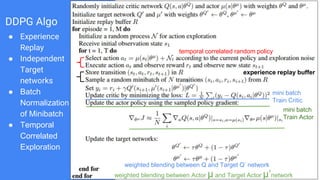 72
DDPG Algo
● Experience
Replay
● Independent
Target
networks
● Batch
Normalization
of Minibatch
● Temporal
Correlated
Exploration
temporal correlated random policy
experience replay buffer
mini batch
Train Actor
mini batch
Train Critic
weighted blending between Q and Target Q’ network
weighted blending between Actor μ and Target Actor μ’network
 
