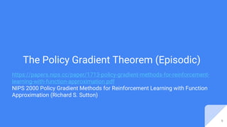 The Policy Gradient Theorem (Episodic)
https://papers.nips.cc/paper/1713-policy-gradient-methods-for-reinforcement-
learning-with-function-approximation.pdf
NIPS 2000 Policy Gradient Methods for Reinforcement Learning with Function
Approximation (Richard S. Sutton)
9
 