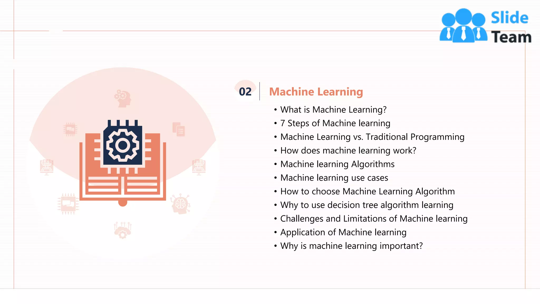 20
• What is Machine Learning?
• 7 Steps of Machine learning
• Machine Learning vs. Traditional Programming
• How does machine learning work?
• Machine learning Algorithms
• Machine learning use cases
• How to choose Machine Learning Algorithm
• Why to use decision tree algorithm learning
• Challenges and Limitations of Machine learning
• Application of Machine learning
• Why is machine learning important?
Machine Learning
02
 