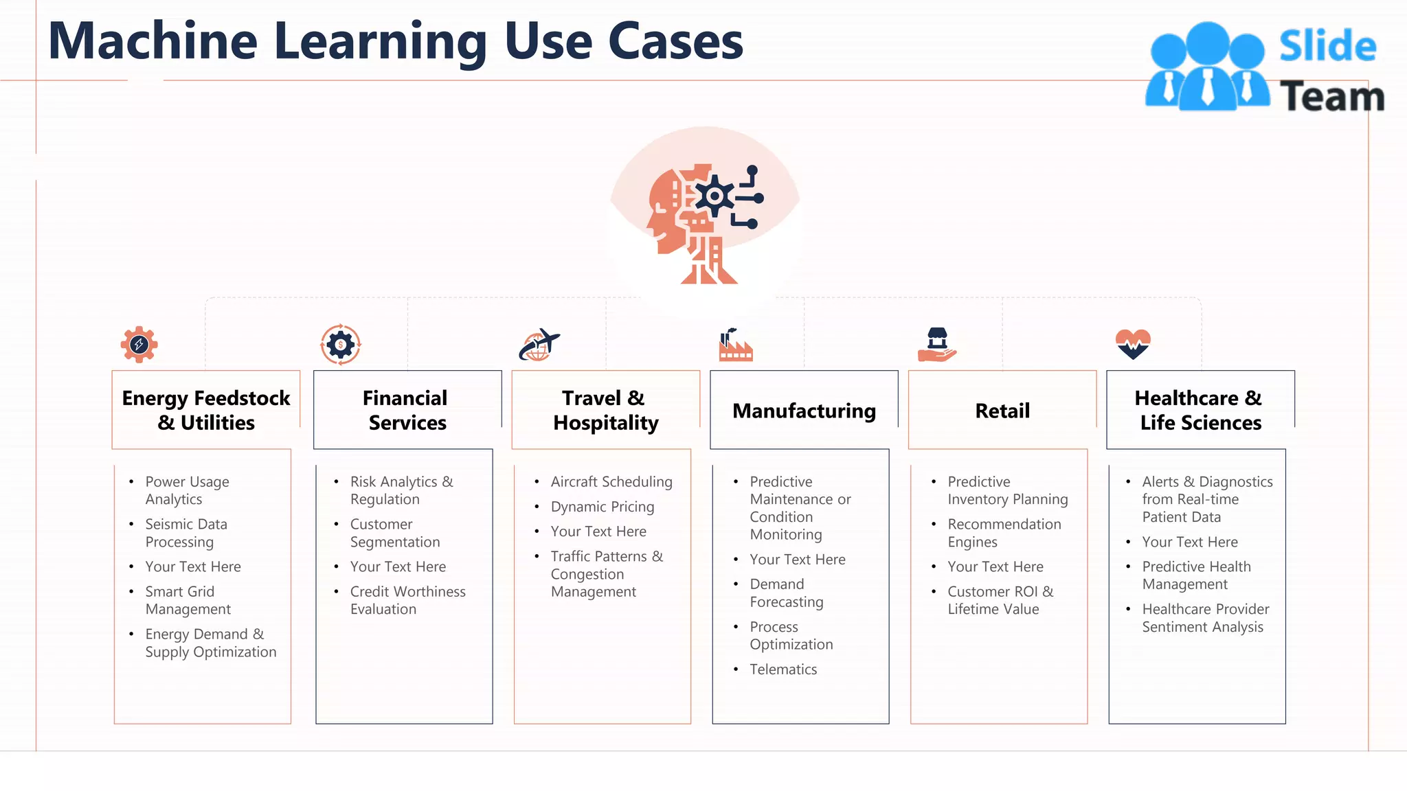 Machine Learning Use Cases
26
This slide is 100% editable. Adapt it to your needs and capture your audience's attention.
Energy Feedstock
& Utilities
• Power Usage
Analytics
• Seismic Data
Processing
• Your Text Here
• Smart Grid
Management
• Energy Demand &
Supply Optimization
Financial
Services
• Risk Analytics &
Regulation
• Customer
Segmentation
• Your Text Here
• Credit Worthiness
Evaluation
Travel &
Hospitality
• Aircraft Scheduling
• Dynamic Pricing
• Your Text Here
• Traffic Patterns &
Congestion
Management
Manufacturing
• Predictive
Maintenance or
Condition
Monitoring
• Your Text Here
• Demand
Forecasting
• Process
Optimization
• Telematics
Retail
• Predictive
Inventory Planning
• Recommendation
Engines
• Your Text Here
• Customer ROI &
Lifetime Value
Healthcare &
Life Sciences
• Alerts & Diagnostics
from Real-time
Patient Data
• Your Text Here
• Predictive Health
Management
• Healthcare Provider
Sentiment Analysis
 