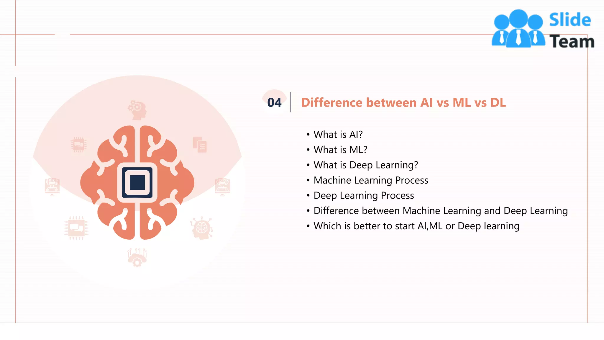 44
• What is AI?
• What is ML?
• What is Deep Learning?
• Machine Learning Process
• Deep Learning Process
• Difference between Machine Learning and Deep Learning
• Which is better to start AI,ML or Deep learning
Difference between AI vs ML vs DL
04
 
