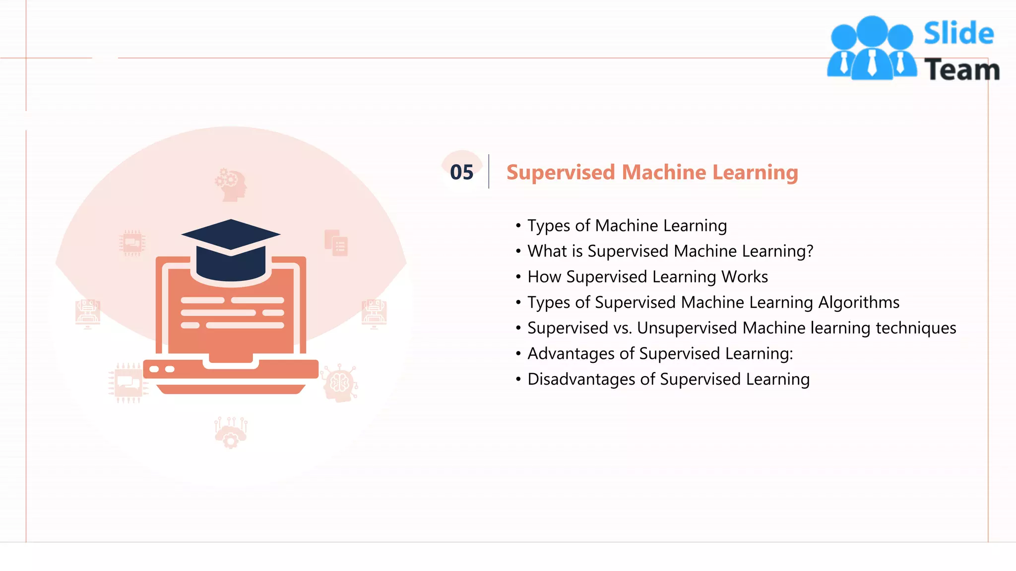 53
Supervised Machine Learning
05
• Types of Machine Learning
• What is Supervised Machine Learning?
• How Supervised Learning Works
• Types of Supervised Machine Learning Algorithms
• Supervised vs. Unsupervised Machine learning techniques
• Advantages of Supervised Learning:
• Disadvantages of Supervised Learning
 