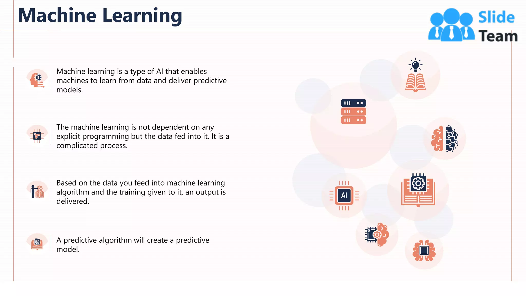 Machine Learning
9
Machine learning is a type of AI that enables
machines to learn from data and deliver predictive
models.
The machine learning is not dependent on any
explicit programming but the data fed into it. It is a
complicated process.
Based on the data you feed into machine learning
algorithm and the training given to it, an output is
delivered.
A predictive algorithm will create a predictive
model.
This slide is 100% editable. Adapt it to your needs and capture your audience's attention.
 