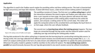 Application
The algorithm is used in the TaoBao search engine for providing online real time ranking service. The task is characterized
by high concurrency and large data volumes. To deal with these issues, a data-stream driven ranking system is designed.
The workflow consists of 2 loops. The first one is an online acting loop in which
the interactions between the search engine and TaoBao users take place. Every
time a user requests an item page, the query planner will extract the state
feature, get the parameters of the ranking policy model from the online KV
system, and compute a ranking action for the current state. The ranker will
apply the computed action to the unranked items and display the top K items in
an item page, where the user will give feedback.
The second one is a learning loop where the training process happens. The two
loops are connected through the log center and the online KV system used for
collecting user logs and storing the ranking policy model.
The log data produced in the online acting loop is injected into the learning loop for constructing training data source. In
the log center, the user logs collected from different search sessions are transformed to training samples like (s, a, r , s′),
which are output continuously in the form of a data stream and utilized by the algorithm to update the policy parameters.
Whenever the policy model is updated, it will be rewritten to the online KV system. The two working loops work in
parallel but asynchronously, because the user log data generated in any search session cannot be utilized immediately.
 
