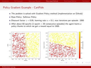 Introduction RL Framework Value-based Methods Policy-based Methods Model-based Methods Conclusions
Policy Gradient Example - CartPole
The problem is solved with Gradient Policy method (implementation on Github)
Base Policy: Softmax Policy
Discount factor γ = 0.95, learning rate α = 0.1, max iterations per episode: 1000
After about 60 epochs (1 epoch = 20 consecutive episodes) the agent learns a
policy thanks to which we get a reward equal to 1000.
Reinforcement Learning
 