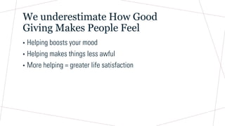 We underestimate How Good
Giving Makes People Feel
• Helping boosts your mood
• Helping makes things less awful
• More helping = greater life satisfaction
 