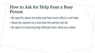 How to Ask for Help from a Busy
Person
• Be specific about the help and how much effort it will take
• Keep the request to a size that the person can do
• Be open to receiving help different than what you asked
 
