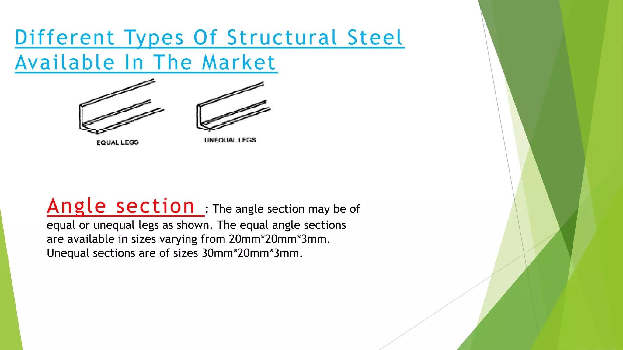 Different Types Of Structural Steel
Available In The Market
Angle section : The angle section may be of
equal or unequal legs as shown. The equal angle sections
are available in sizes varying from 20mm*20mm*3mm.
Unequal sections are of sizes 30mm*20mm*3mm.
 