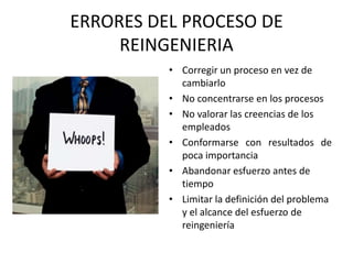 ERRORES DEL PROCESO DE
REINGENIERIA
• Corregir un proceso en vez de
cambiarlo
• No concentrarse en los procesos
• No valorar las creencias de los
empleados
• Conformarse con resultados de
poca importancia
• Abandonar esfuerzo antes de
tiempo
• Limitar la definición del problema
y el alcance del esfuerzo de
reingeniería

 