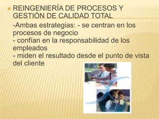 REINGENIERÍA DE PROCESOS Y GESTIÓN DE CALIDAD TOTAL 	-Ambas estrategias: - se centran en los procesos de negocio  - confían en la responsabilidad de los empleados  - miden el resultado desde el punto de vista del cliente