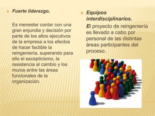 Fuerte liderazgo.	Es menester contar con una gran enjundia y decisión por parte de los altos ejecutivos de la empresa a los efectos de hacer factible la reingeniería, superando para ello el escepticismo, la resistencia al cambio y los muros entre las áreas funcionales de la organización.Equipos interdisciplinarios. 	El proyecto de reingeniería es llevado a cabo por personal de las distintas áreas participantes del proceso.