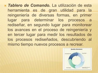 Tablero de Comando. La utilización de esta herramienta es de gran utilidad para la reingeniería de diversas formas, en primer lugar para determinar los procesos a rediseñar, en segundo lugar para monitorear los avances en el proceso de reingeniería y en tercer lugar para medir los resultados de los procesos rediseñados, descubriendo al mismo tiempo nuevos procesos a recrear.