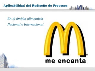 Aplicabilidad del Rediseño de Procesos



  En el ámbito alimenticio
  Nacional e Internacional




                             me encanta
 