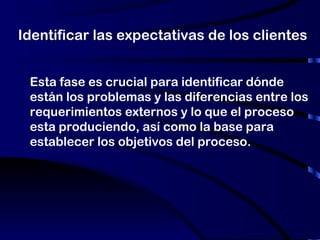 Identificar las expectativas de los clientes Esta fase es crucial para identificar dónde están los problemas y las diferencias entre los requerimientos externos y lo que el proceso esta produciendo, así como la base para establecer los objetivos del proceso. 