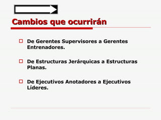 Cambios que ocurrirán De Gerentes Supervisores a Gerentes Entrenadores. De Estructuras Jerárquicas a Estructuras Planas. De Ejecutivos Anotadores a Ejecutivos Líderes. 