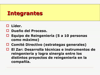 Integrantes Líder. Dueño del Proceso. Equipo de Reingeniería (5 a 10 personas como máximo) Comité Directivo (estrategas generales) El Zar: Desarrolla técnicas e instrumentos de reingeniería y logra sinergia entre los distintos proyectos de reingeniería en la compañía. 
