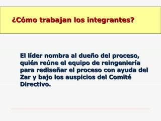 ¿Cómo trabajan los integrantes? El líder nombra al dueño del proceso, quién reúne el equipo de reingeniería para rediseñar el proceso con ayuda del Zar y bajo los auspicios del Comité Directivo. 