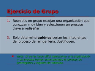 Ejercicio de Grupo Reunidos en grupo escojan una organización que conozcan muy bien y seleccionen un proceso clave a rediseñar. Solo determine  quiénes  serían los integrantes del proceso de reingeniería. Justifiquen. Nota: Si se les hace difícil seleccionar una organización y un proceso tomen como ejemplo el proceso de prerregistro y registro de materias 