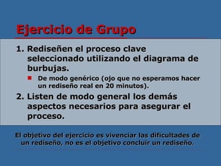 Ejercicio de Grupo 1. Rediseñen el proceso clave seleccionado utilizando el diagrama de burbujas. De modo genérico (ojo que no esperamos hacer un rediseño real en 20 minutos). 2. Listen de modo general los demás aspectos necesarios para asegurar el proceso. El objetivo del ejercicio es vivenciar las dificultades de un rediseño, no es el objetivo concluir un rediseño. 