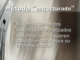 Método " estructurado "  Sistemas complejos Sistemas informatizados Sistemas que requieren soporte externo para su implementación 