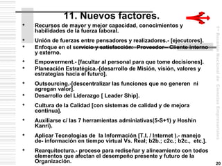 11. Nuevos factores.
   Recursos de mayor y mejor capacidad, conocimientos y




                                                                           1ra Reunión Nacional de Ciencias Empresariales
    habilidades de la fuerza laboral.
   Unión de fuerzas entre pensadores y realizadores.- [ejecutores].
   Enfoque en el servicio y satisfacción: Proveedor-- Cliente interno
    y externo.
   Empowerment.- [facultar al personal para que tome decisiones].
   Planeación Estratégica.-[desarrollo de Misión, visión, valores y
    estrategias hacia el futuro].
   Outsourcing.-[descentralizar las funciones que no generen ni
    agregan valor].
   Desarrollo del Liderazgo [ Leader Ship].
   Cultura de la Calidad [con sistemas de calidad y de mejora
    continua].
   Auxiliarse c/ las 7 herramientas adminiativas(5-S+1) y Hoshin
    Kanri).
   Aplicar Tecnologías de la Información [T.I. / Internet ).- manejo
    de- información en tiempo virtual Vs. Real; b2b.; c2c.; b2c., etc.].
   Rearquitectura.- proceso para rediseñar y alineamiento con todos
    elementos que afectan el desempeño presente y futuro de la
    Organización.                                                               20
 