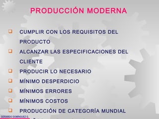GERARDO DOMÍNGUEZ G.
PRODUCCIÓN MODERNA
 CUMPLIR CON LOS REQUISITOS DEL
PRODUCTO
 ALCANZAR LAS ESPECIFICACIONES DEL
CLIENTE
 PRODUCIR LO NECESARIO
 MÍNIMO DESPERDICIO
 MÍNIMOS ERRORES
 MÍNIMOS COSTOS
 PRODUCCIÓN DE CATEGORÍA MUNDIAL
 
