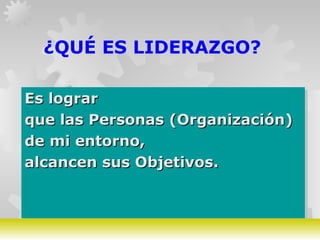 GERARDO DOMÍNGUEZ G.
¿QUÉ ES LIDERAZGO?
Es lograrEs lograr
que las Personas (Organización)que las Personas (Organización)
de mi entorno,de mi entorno,
alcancen sus Objetivos.alcancen sus Objetivos.
Es lograrEs lograr
que las Personas (Organización)que las Personas (Organización)
de mi entorno,de mi entorno,
alcancen sus Objetivos.alcancen sus Objetivos.
 