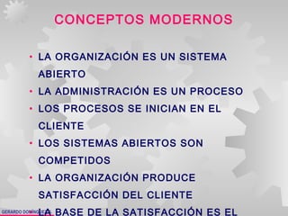 GERARDO DOMÍNGUEZ G.
CONCEPTOS MODERNOS
• LA ORGANIZACIÓN ES UN SISTEMA
ABIERTO
• LA ADMINISTRACIÓN ES UN PROCESO
• LOS PROCESOS SE INICIAN EN EL
CLIENTE
• LOS SISTEMAS ABIERTOS SON
COMPETIDOS
• LA ORGANIZACIÓN PRODUCE
SATISFACCIÓN DEL CLIENTE
• LA BASE DE LA SATISFACCIÓN ES EL
 