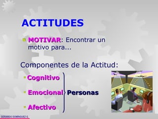 GERARDO DOMÍNGUEZ G.
ACTITUDES
MOTIVARMOTIVAR: Encontrar un
motivo para...
Componentes de la Actitud:
CognitivoCognitivo
EmocionalEmocional
AfectivoAfectivo
PersonasPersonas
 