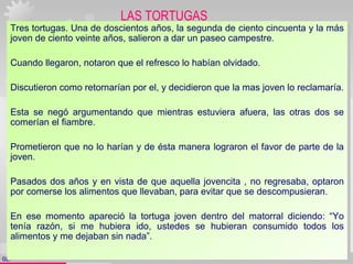 GERARDO DOMÍNGUEZ G.
Tres tortugas. Una de doscientos años, la segunda de ciento cincuenta y la más
joven de ciento veinte años, salieron a dar un paseo campestre.
Cuando llegaron, notaron que el refresco lo habían olvidado.
Discutieron como retornarían por el, y decidieron que la mas joven lo reclamaría.
Esta se negó argumentando que mientras estuviera afuera, las otras dos se
comerían el fiambre.
Prometieron que no lo harían y de ésta manera lograron el favor de parte de la
joven.
Pasados dos años y en vista de que aquella jovencita , no regresaba, optaron
por comerse los alimentos que llevaban, para evitar que se descompusieran.
En ese momento apareció la tortuga joven dentro del matorral diciendo: “Yo
tenía razón, si me hubiera ido, ustedes se hubieran consumido todos los
alimentos y me dejaban sin nada”.
Tres tortugas. Una de doscientos años, la segunda de ciento cincuenta y la más
joven de ciento veinte años, salieron a dar un paseo campestre.
Cuando llegaron, notaron que el refresco lo habían olvidado.
Discutieron como retornarían por el, y decidieron que la mas joven lo reclamaría.
Esta se negó argumentando que mientras estuviera afuera, las otras dos se
comerían el fiambre.
Prometieron que no lo harían y de ésta manera lograron el favor de parte de la
joven.
Pasados dos años y en vista de que aquella jovencita , no regresaba, optaron
por comerse los alimentos que llevaban, para evitar que se descompusieran.
En ese momento apareció la tortuga joven dentro del matorral diciendo: “Yo
tenía razón, si me hubiera ido, ustedes se hubieran consumido todos los
alimentos y me dejaban sin nada”.
LAS TORTUGAS
 