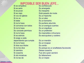 GERARDO DOMÍNGUEZ G.
Si es simpático Es confianzudo
Si es serio Es amargado
Si es joven Es inexperto
Si es viejo Está pasado de moda
Si va a la iglesia Es un hipócrita
Si no va Es un ateo
Si bebe Es un borracho
Si no lo hace Es puritano aburrido
Si conversa con todos Es un averigua cuentos
Si no lo hace Es un orgulloso
So concede permisos Es un preferidor
Si no lo hace Es insensible e inhumano
Si es estricto Es escrupuloso y cositero
Si exige a cada
dependiente que cumpla Es un mandón
Si no lo hace Es un incapaz
Si dice sus títulos Es creído
Si no los dice Es porque es un analfabeta favorecido
Si siembra Desea cosecha
Si cosecha Fue otro quien sembró
Si dá iniciativas Es fafarachero
Si no las dá Es un inepto
Si es simpático Es confianzudo
Si es serio Es amargado
Si es joven Es inexperto
Si es viejo Está pasado de moda
Si va a la iglesia Es un hipócrita
Si no va Es un ateo
Si bebe Es un borracho
Si no lo hace Es puritano aburrido
Si conversa con todos Es un averigua cuentos
Si no lo hace Es un orgulloso
So concede permisos Es un preferidor
Si no lo hace Es insensible e inhumano
Si es estricto Es escrupuloso y cositero
Si exige a cada
dependiente que cumpla Es un mandón
Si no lo hace Es un incapaz
Si dice sus títulos Es creído
Si no los dice Es porque es un analfabeta favorecido
Si siembra Desea cosecha
Si cosecha Fue otro quien sembró
Si dá iniciativas Es fafarachero
Si no las dá Es un inepto
IMPOSIBLE SER BUEN JEFE...
 