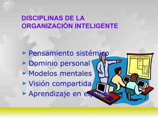 GERARDO DOMÍNGUEZ G.
DISCIPLINAS DE LA
ORGANIZACIÓN INTELIGENTE
Pensamiento sistémico
Dominio personal
Modelos mentales
Visión compartida
Aprendizaje en equipo
 