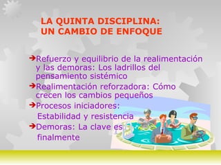 GERARDO DOMÍNGUEZ G.
LA QUINTA DISCIPLINA:
UN CAMBIO DE ENFOQUE
Refuerzo y equilibrio de la realimentación
y las demoras: Los ladrillos del
pensamiento sistémico
Realimentación reforzadora: Cómo
crecen los cambios pequeños
Procesos iniciadores:
Estabilidad y resistencia
Demoras: La clave es
finalmente
 