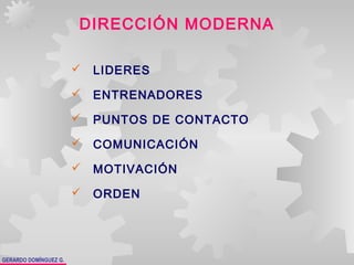 GERARDO DOMÍNGUEZ G.
DIRECCIÓN MODERNA
 LIDERES
 ENTRENADORES
 PUNTOS DE CONTACTO
 COMUNICACIÓN
 MOTIVACIÓN
 ORDEN
 