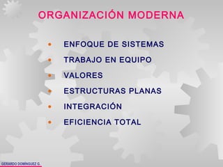 GERARDO DOMÍNGUEZ G.
ORGANIZACIÓN MODERNA
• ENFOQUE DE SISTEMAS
• TRABAJO EN EQUIPO
• VALORES
• ESTRUCTURAS PLANAS
• INTEGRACIÓN
• EFICIENCIA TOTAL
 
