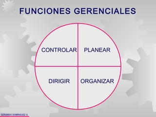 GERARDO DOMÍNGUEZ G.
FUNCIONES GERENCIALES
CONTROLAR
DIRIGIR
PLANEAR
ORGANIZAR
 