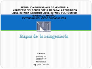 REPÚBLICA BOLIVARIANA DE VENEZUELA
MINISTERIO DEL PODER POPULAR PARA LA EDUCACIÓN
UNIVERSITARIA INSTITUTO UNIVERSITARIO POLITÉCNICO
“SANTIAGO MARIÑO”
EXTENSIÓN COL-SEDE CIUDAD OJEDA
Alumna:
yusmary tua
CI21189459
Profesora:
Ing. yrais Gonzales
 